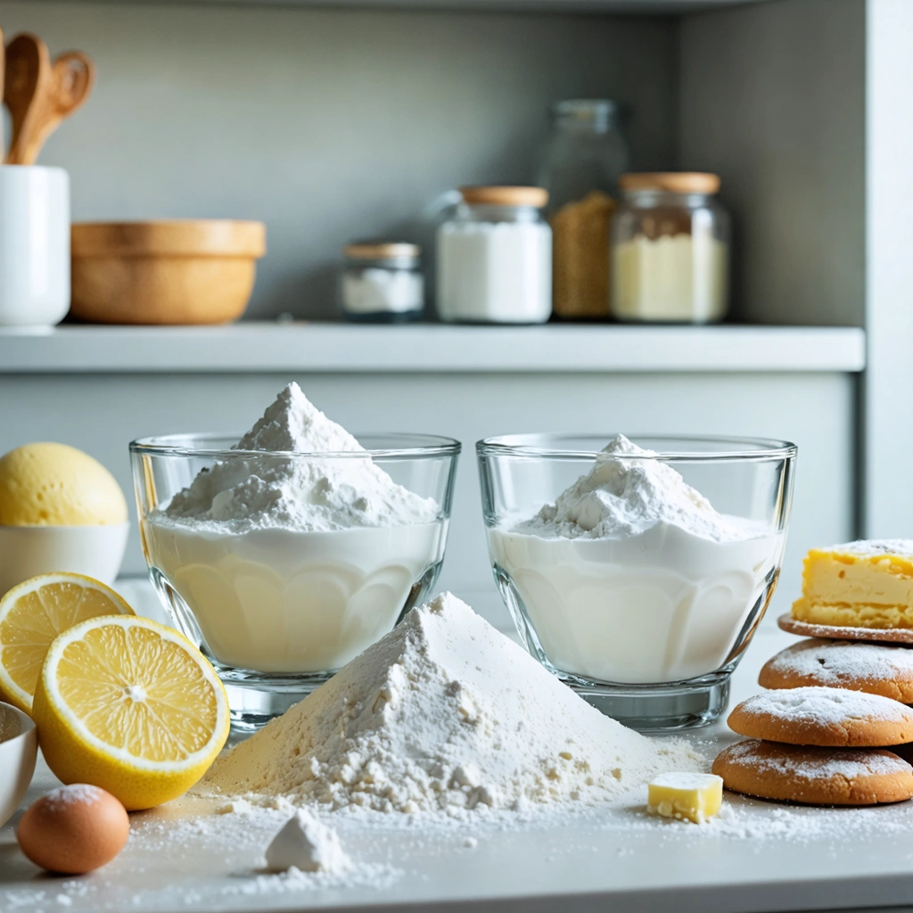 Deux petits bols contenant de la levure chimique et du bicarbonate sur un plan de travail, entourés d'ingrédients de pâtisserie et de desserts maison.