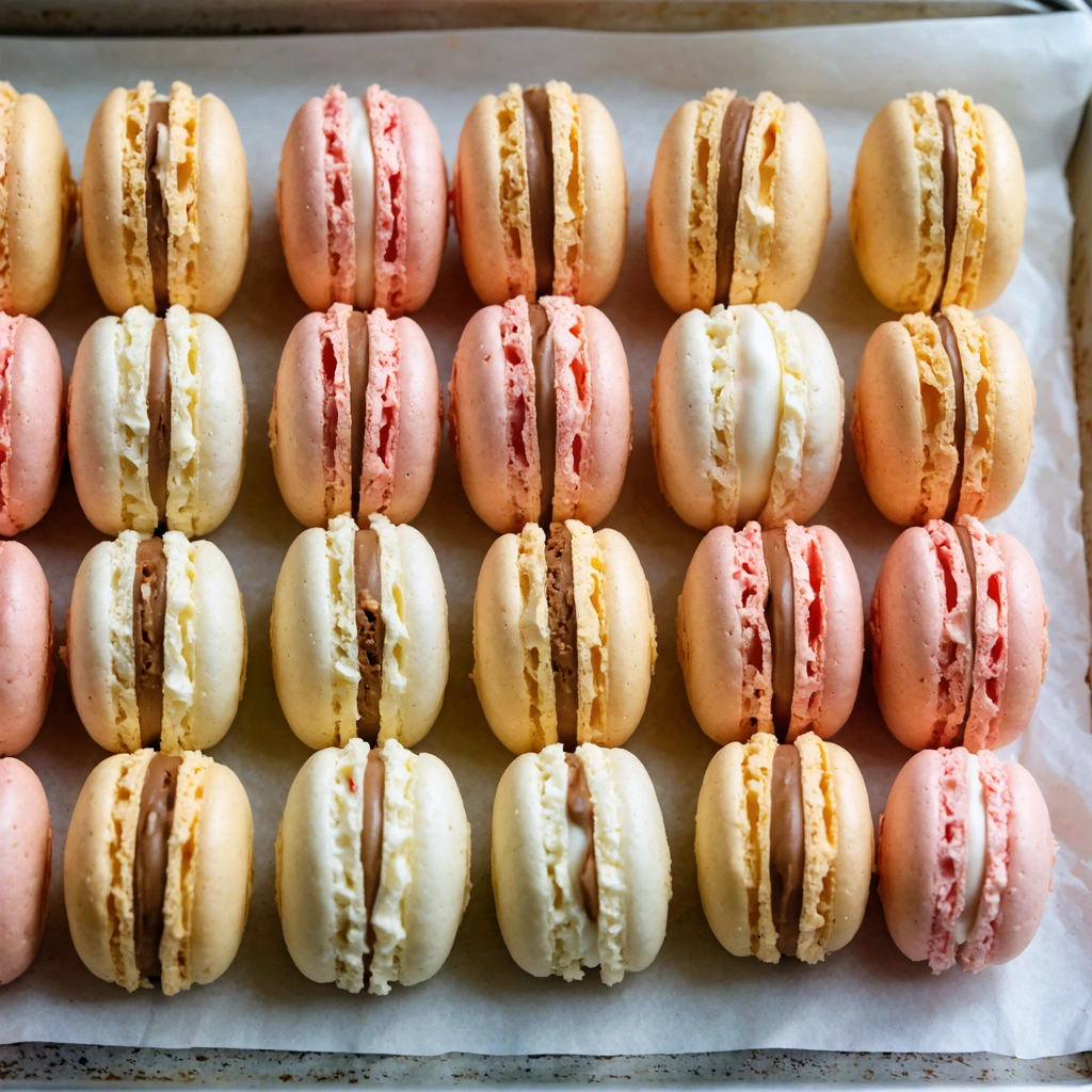 Plaque de macarons maison montrant plusieurs coques réussies avec collerette et d'autres ratées, plates ou légèrement craquelées, dans une cuisine lumineuse.