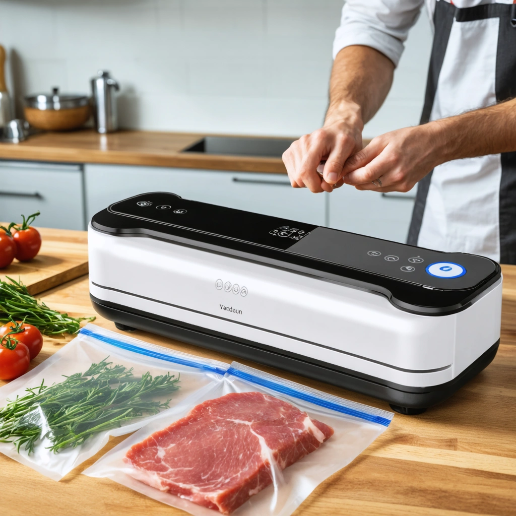 Une machine à emballer sous vide posée sur un plan de travail de cuisine, avec des sachets alimentaires et une préparation en cours, pendant un dépannage domestique.