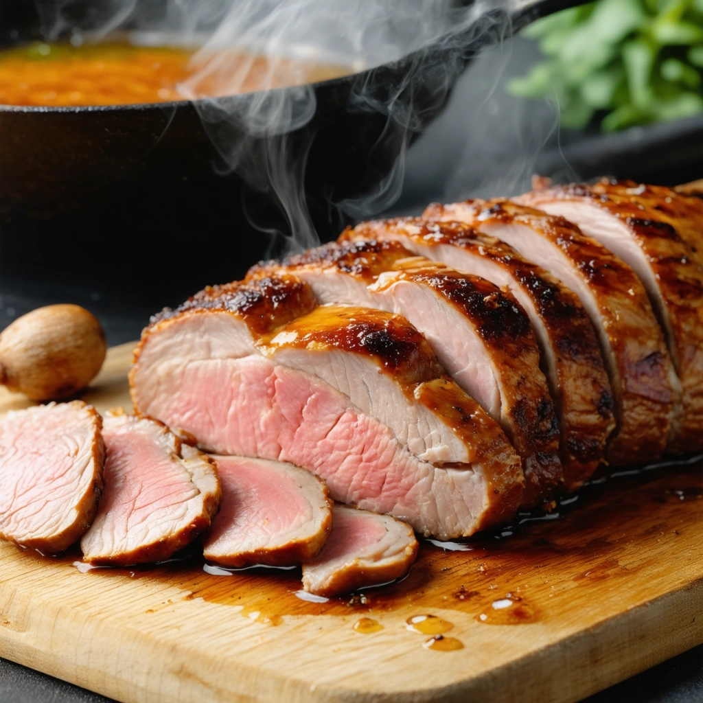 Magret de canard tranche avec peau quadrillee bien croustillante et chair rosee, pose sur une planche a cote d une poele