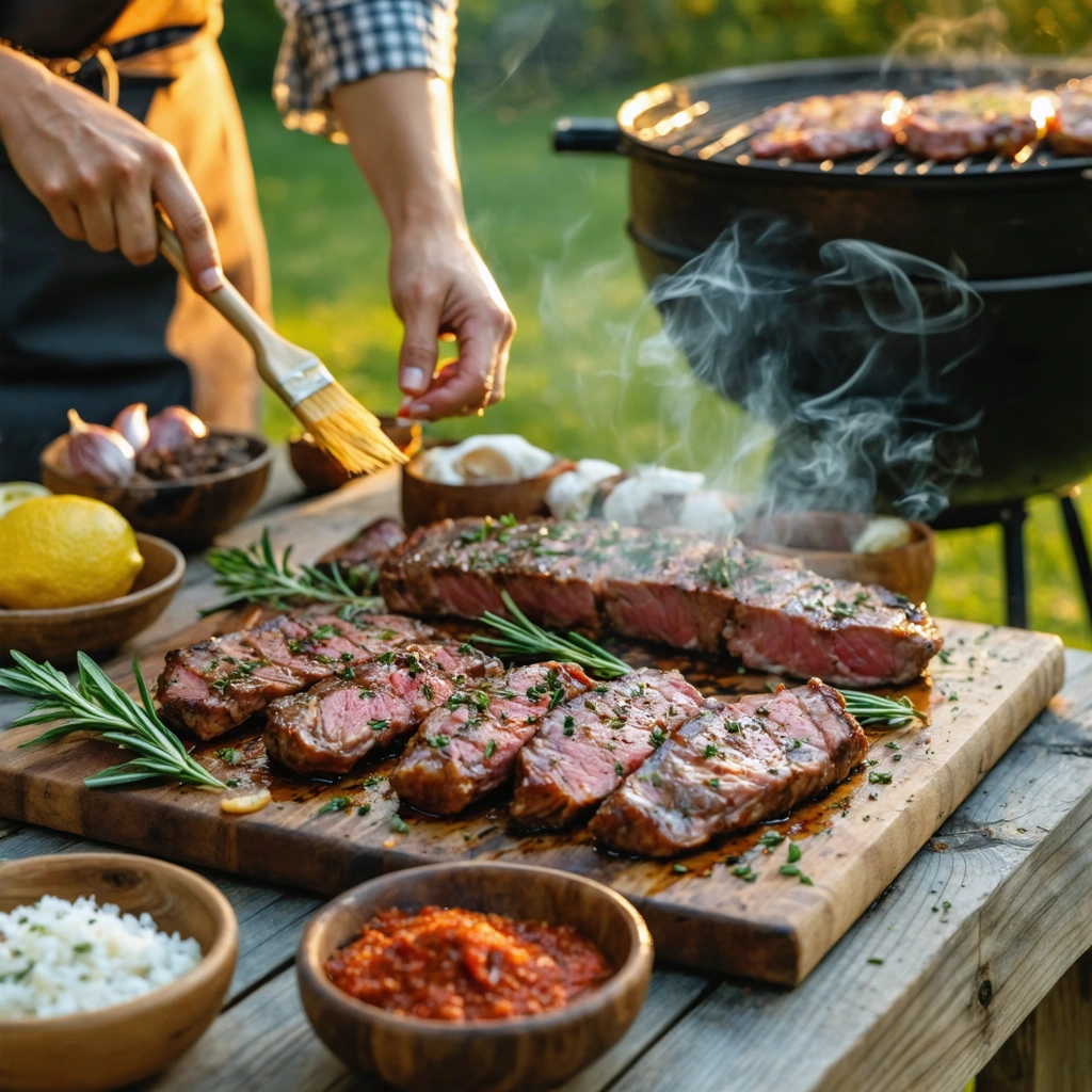 Plan rapproché de morceaux de viande marinés près d’un barbecue, avec bols d’herbes, citron, ail et épices sur une table en extérieur