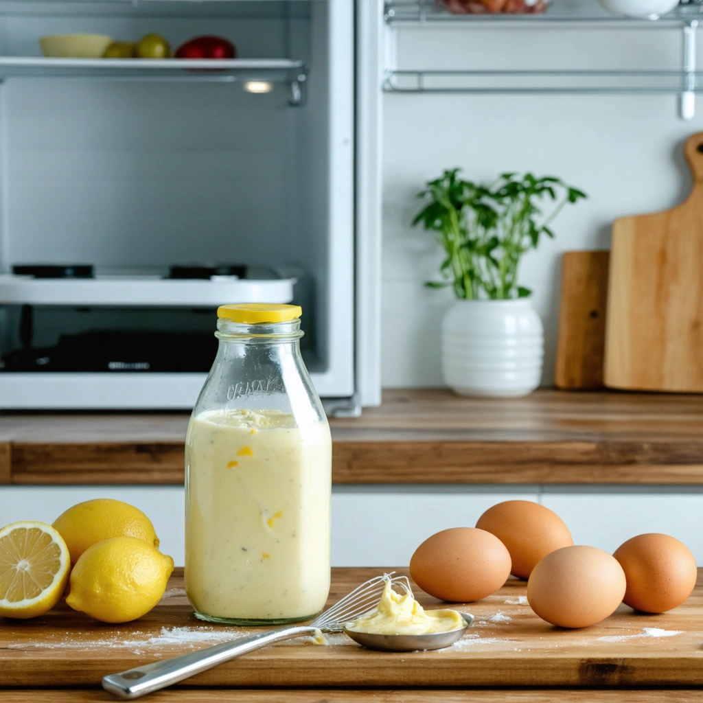Un pot de mayonnaise maison sur un plan de travail avec des œufs, un citron, de la moutarde et un congélateur ouvert en arrière-plan