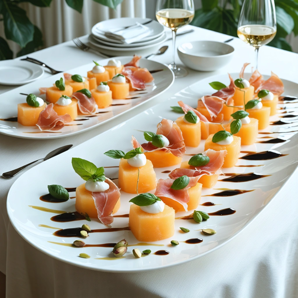 Assiettes elegantes avec melon et jambon cru presentes de facon originale, accompagnees de burrata, herbes fraiches et verrines sur une table d ete