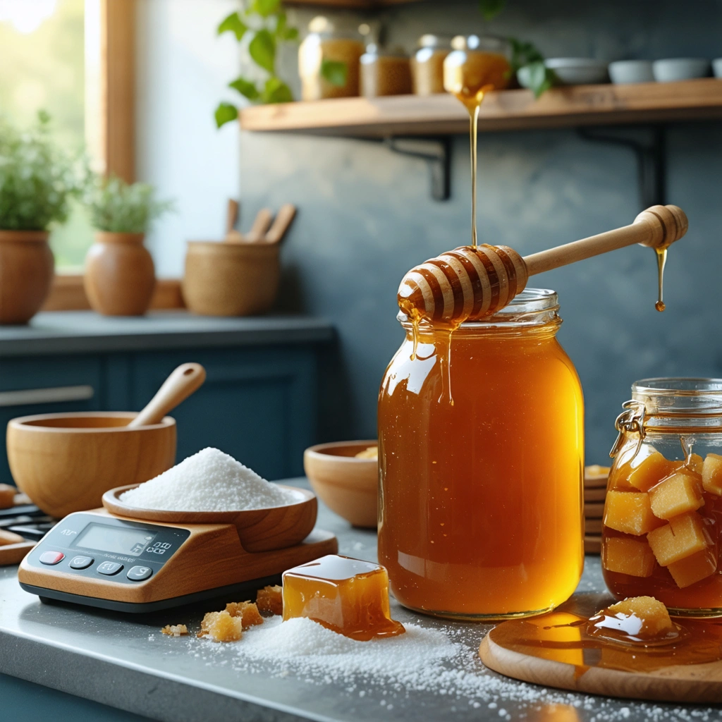 Un pot de miel avec une cuillere a miel, du sucre et une balance de cuisine poses sur un plan de travail pour illustrer l equivalence entre sucre et miel en cuisine