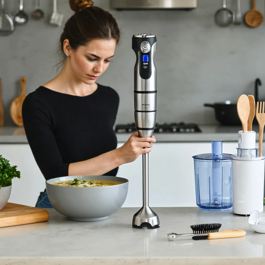 Un mixeur plongeant démonté sur un plan de travail de cuisine, à côté d’un bol de soupe épaisse, pendant une vérification de panne.