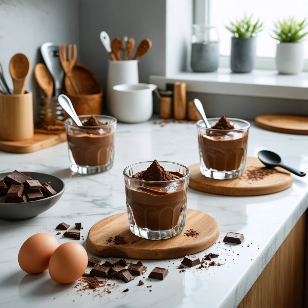 Deux mousses au chocolat maison en verrines sur un plan de travail, dont une bien ferme et une autre trop liquide, avec une cuillère, du chocolat et un fouet à côté.