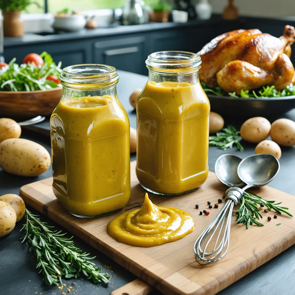 Deux pots ouverts de moutarde forte et de moutarde douce posés sur une table de cuisine, avec une cuillère, des ingrédients pour sauce et un plat cuisiné en arrière-plan.