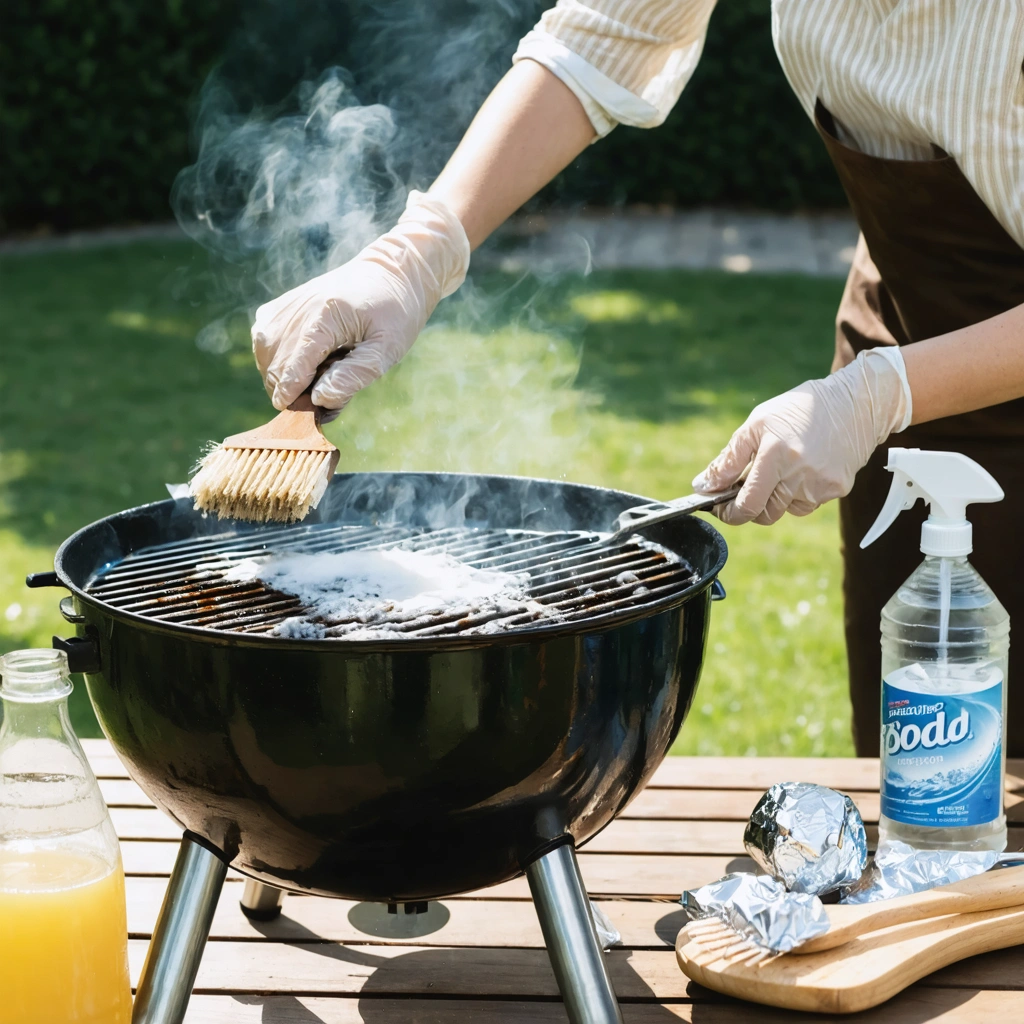 Une femme nettoie une grille de barbecue très sale sur une terrasse avec une brosse, du bicarbonate, du vinaigre blanc et de l’eau chaude savonneuse.