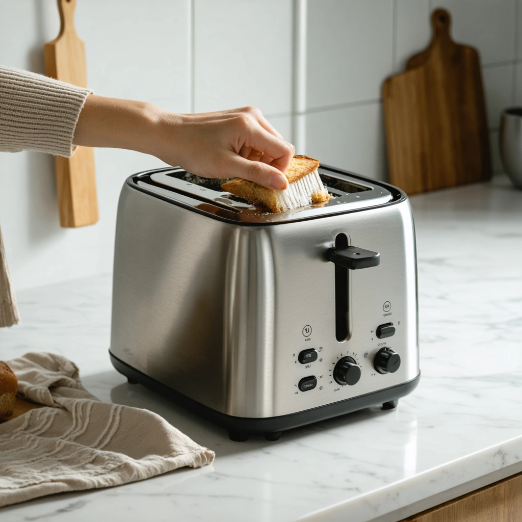 Une personne nettoie délicatement l’intérieur d’un grille-pain débranché avec une petite brosse, sur un plan de travail de cuisine avec le tiroir ramasse-miettes retiré.