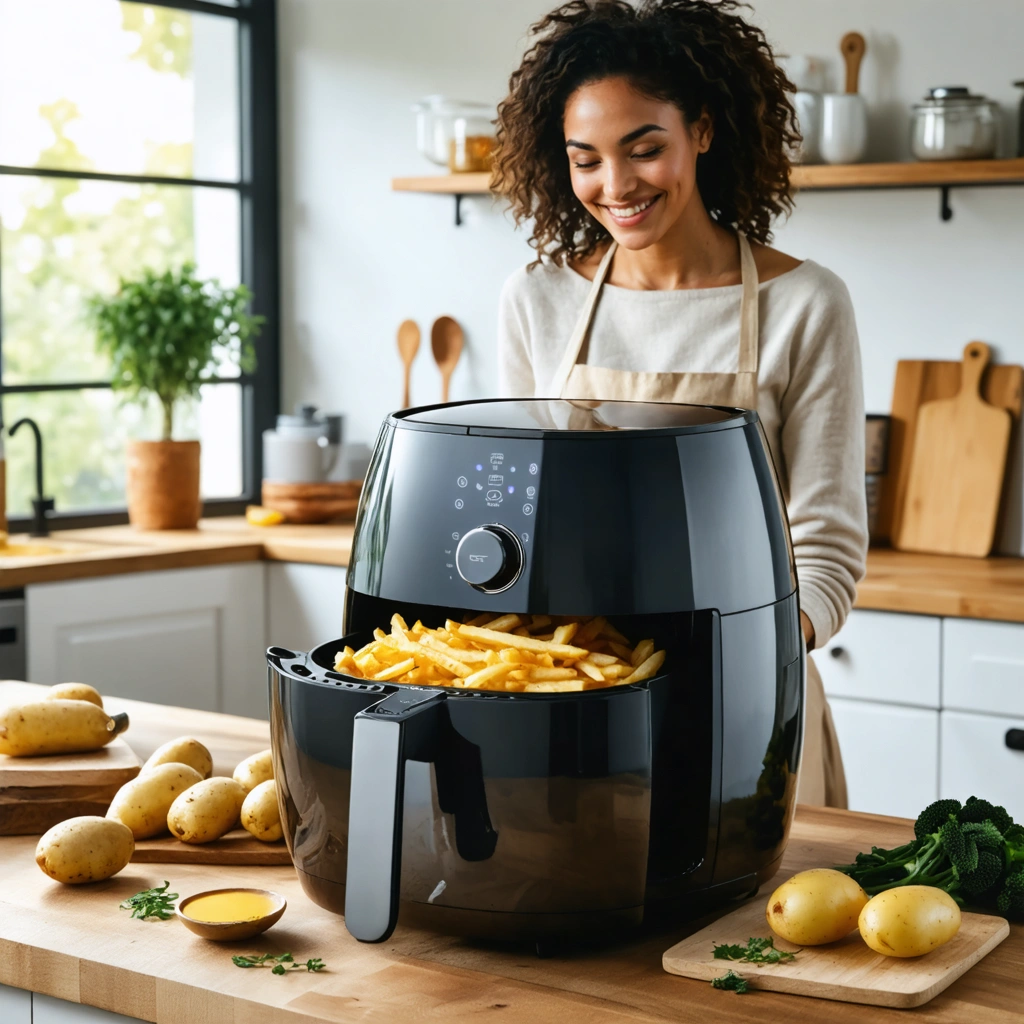 Une friteuse sans huile de type Actifry posée sur un plan de travail dans une cuisine, avec des frites dorées à l’intérieur et des ingrédients préparés autour.