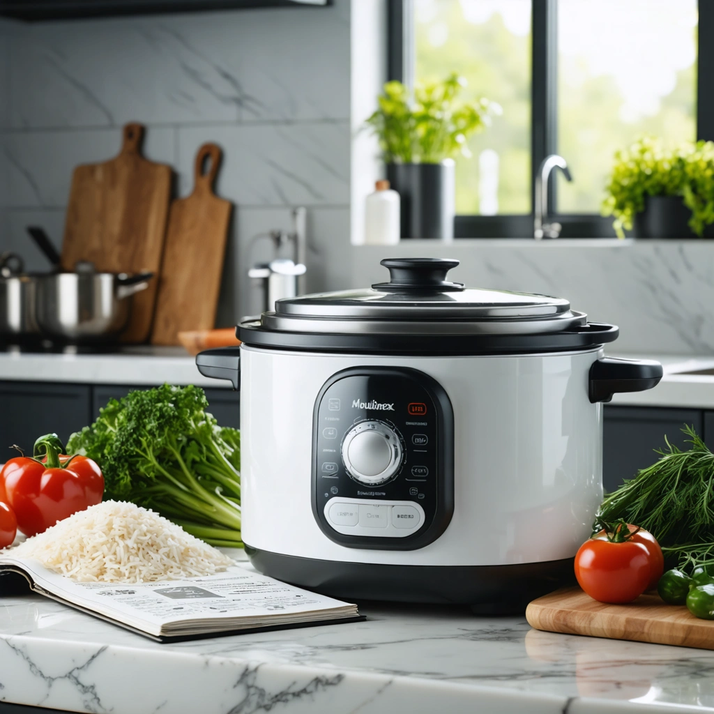 Un multicuiseur de type Moulinex posé sur un plan de travail de cuisine à côté de sa notice, avec des ingrédients de cuisine prêts à être utilisés.