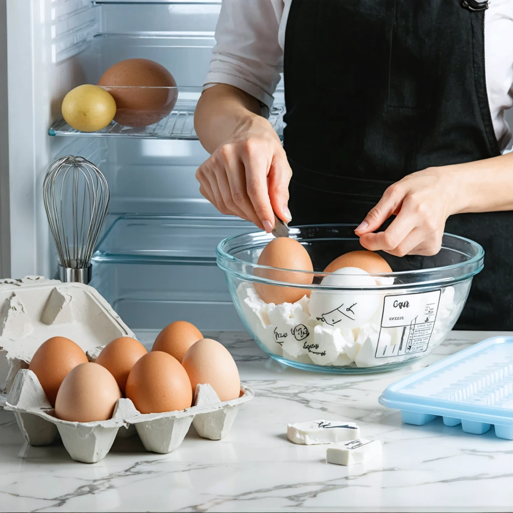 Des mains cassent des œufs dans un bol à côté de contenants étiquetés prêts à être placés au congélateur, dans une cuisine lumineuse.