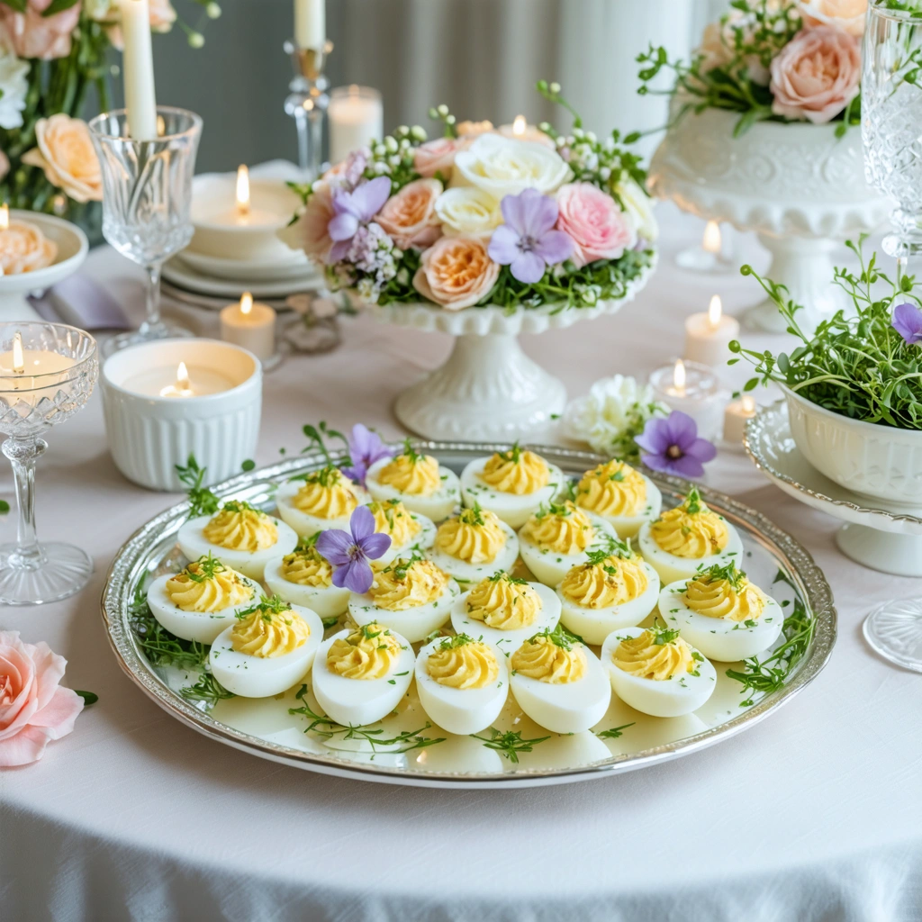 Des œufs mimosa élégamment présentés sur un buffet de mariage avec fleurs comestibles, herbes fraîches et vaisselle raffinée