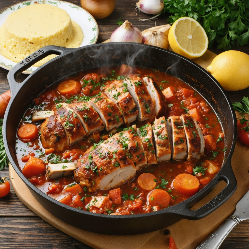 Un osso bucco de dinde servi en cocotte avec une sauce tomate mijotee, des carottes, des herbes fraiches et un accompagnement cremeux