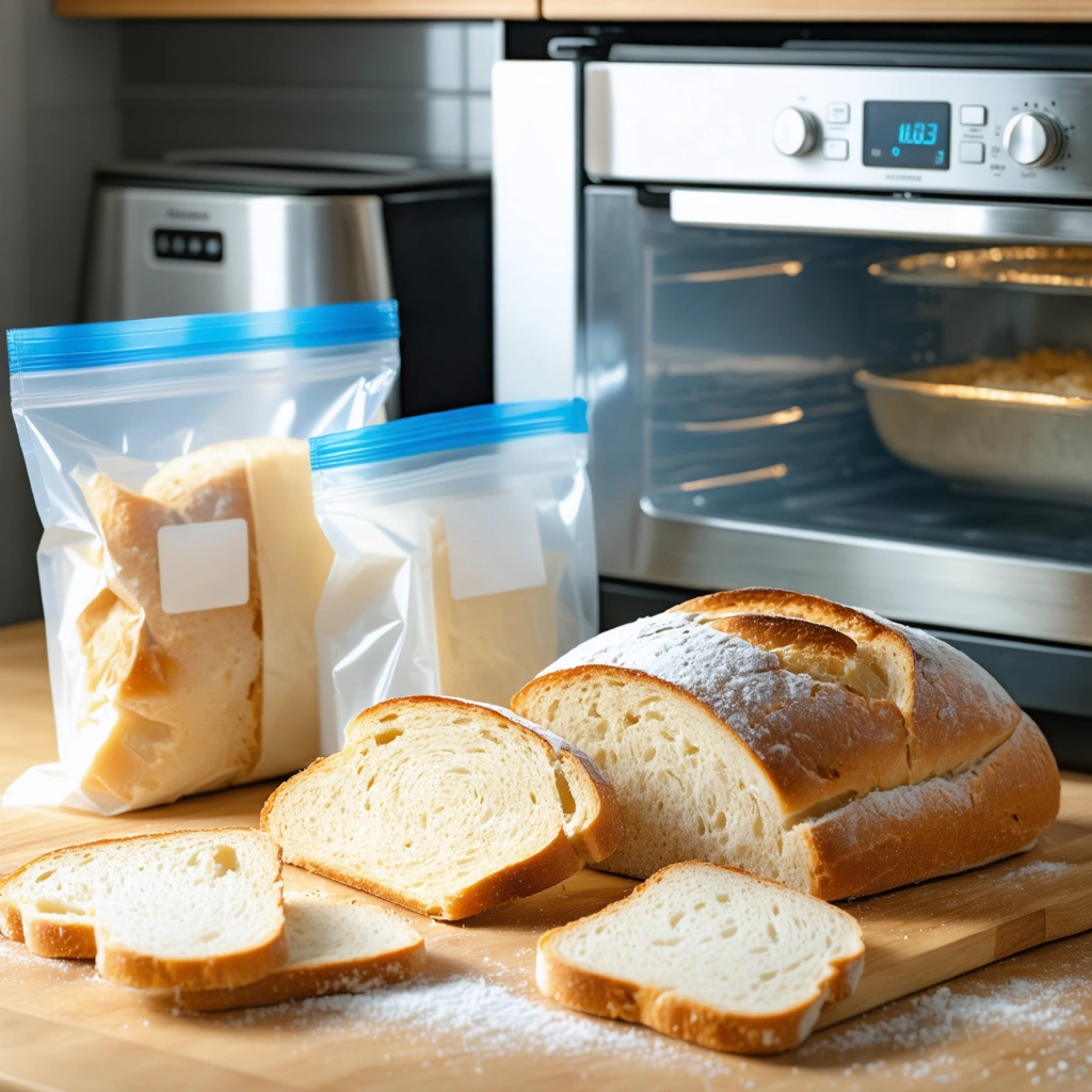 Des tranches de pain de mie rangees dans des sachets de congelation sur un plan de travail de cuisine, avec un congelateur ouvert en arriere-plan.