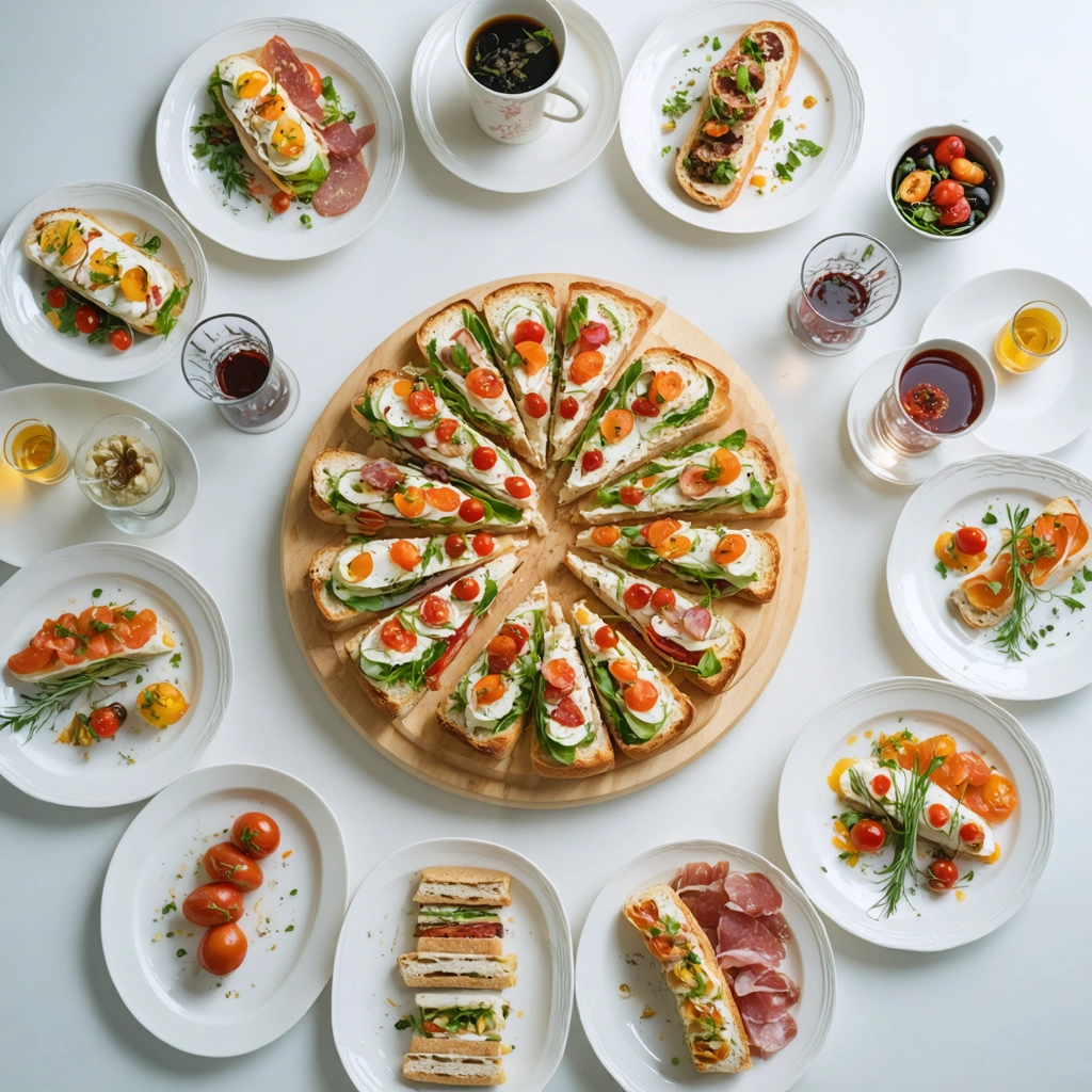 Table d’apéritif avec un pain surprise découpé en mini sandwichs, entouré de petites bouchées pour une réception d’environ 15 personnes.