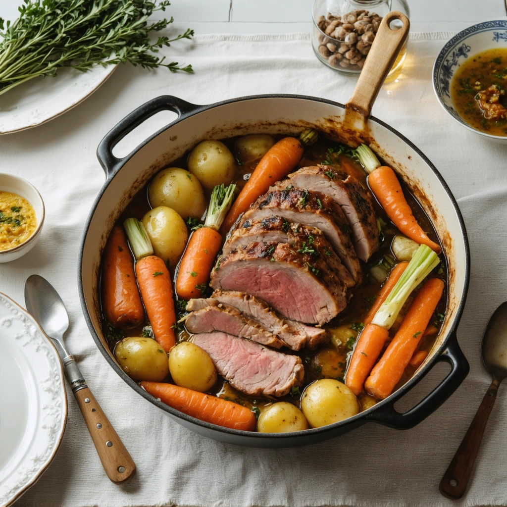 Une palette de porc demi-sel cuite lentement, servie dans une cocotte avec des carottes, des pommes de terre et des poireaux dans une ambiance de cuisine familiale.
