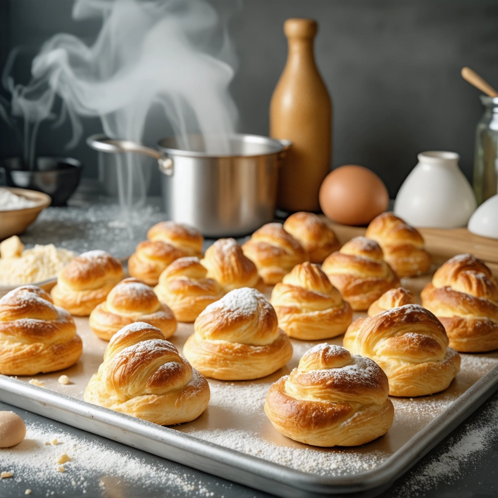Plateau de pate a choux avec plusieurs choux dores et gonfles a cote de quelques choux rates plus plats, dans une cuisine lumineuse avec accessoires de patisserie