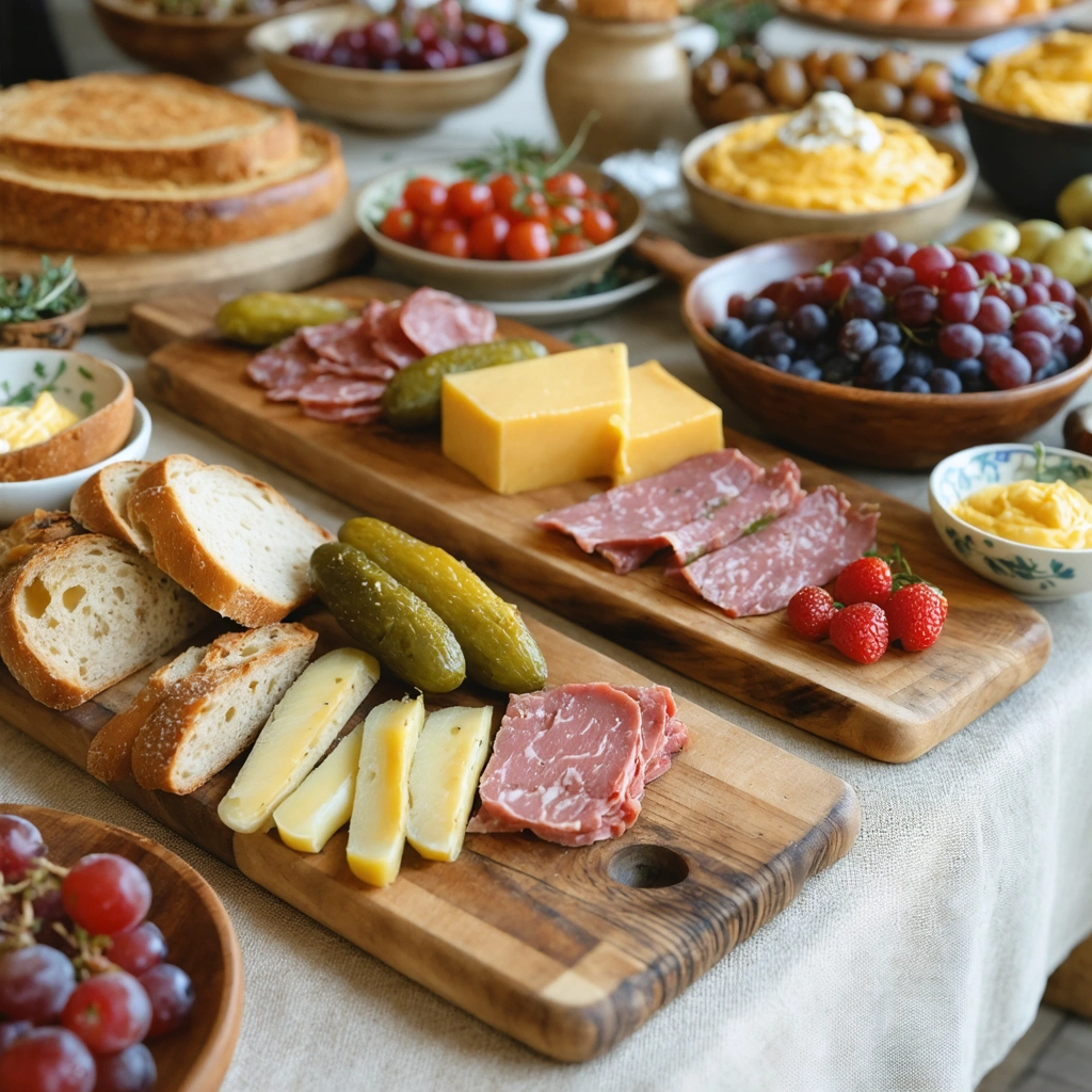 Table de buffet rustique avec du pate de campagne tranche, du pain, des cornichons et des condiments pour une grande reception