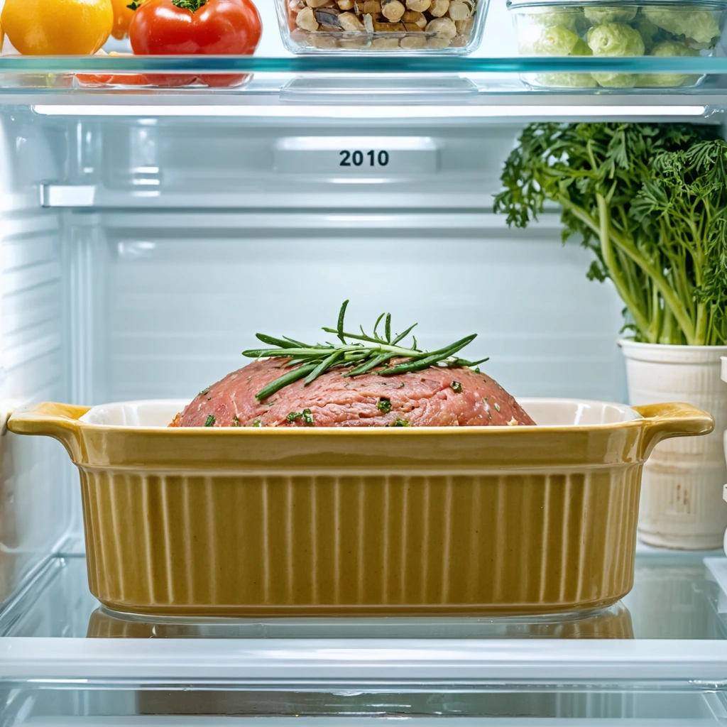Un pate maison dans une terrine en ceramique, conserve au refrigerateur avec un couvercle et une etiquette de date.