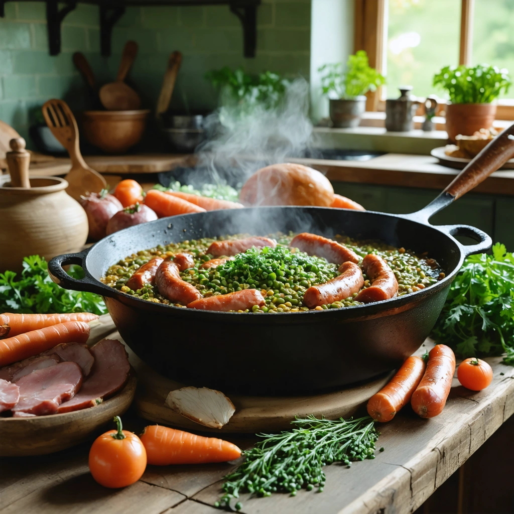 Grande cocotte de petit salé aux lentilles avec morceaux de porc demi-sel, saucisses fumées et carottes, servie sur une table rustique dans une ambiance chaleureuse