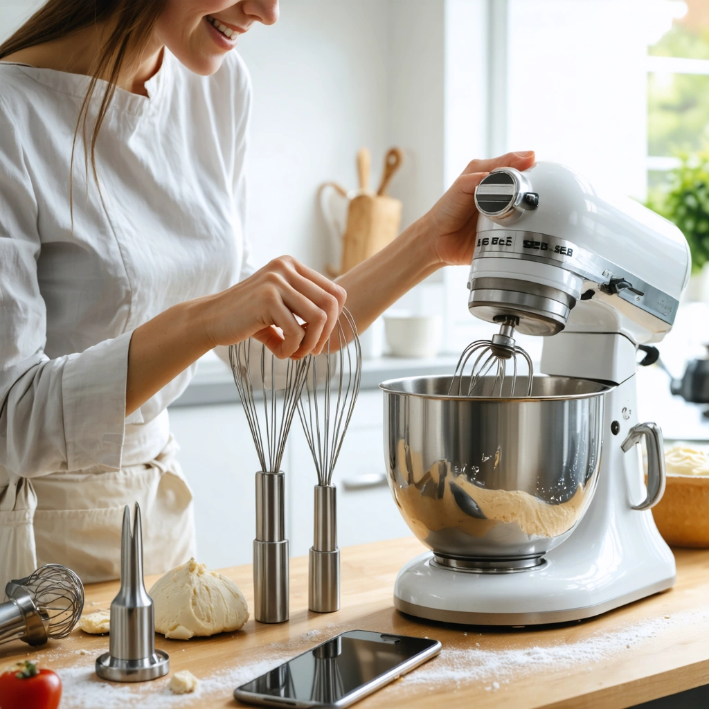 Des accessoires de batteur Seb posés sur un plan de travail de cuisine, comparés à l’appareil pour identifier la bonne pièce détachée.