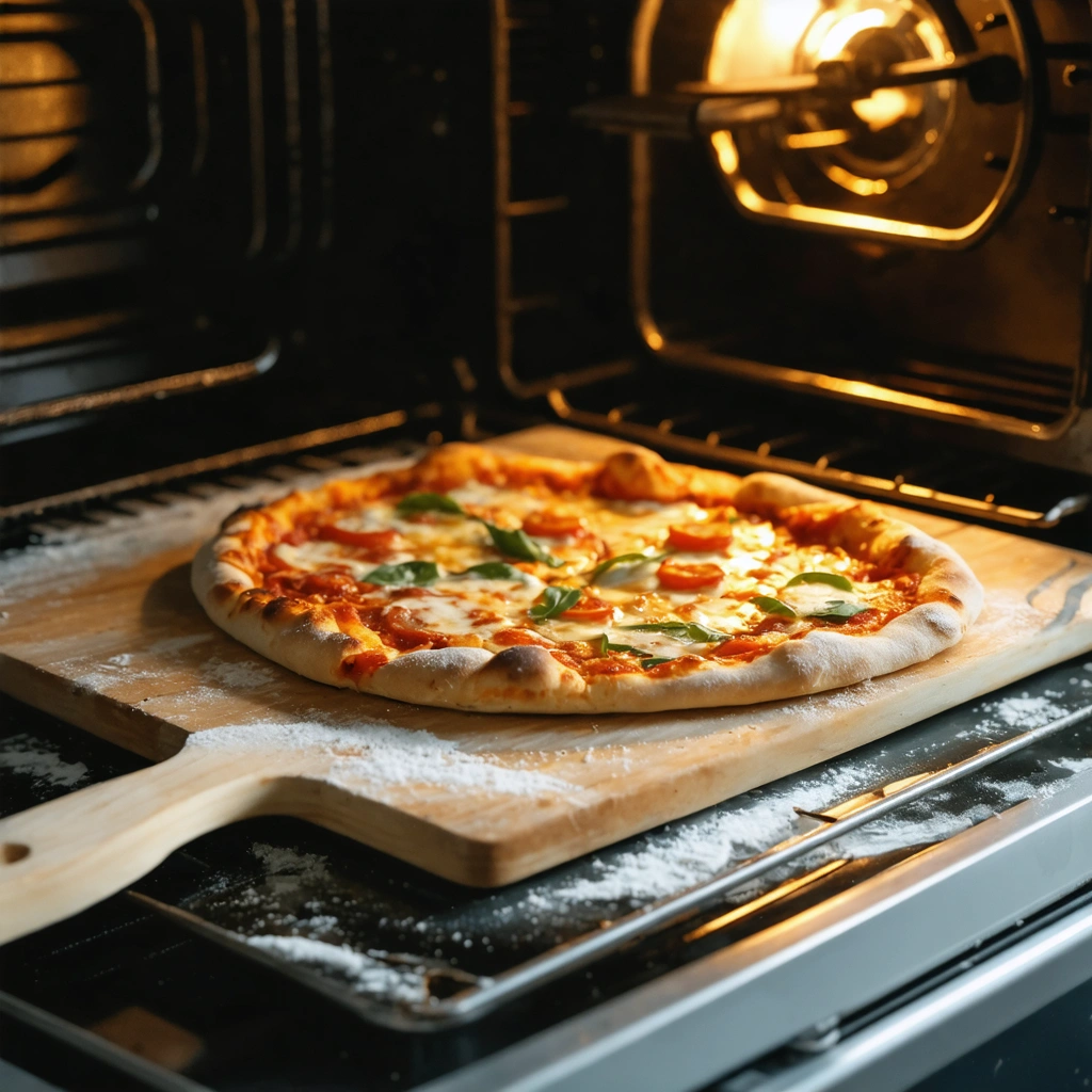 Une pizza maison en train d'être enfournée sur une pierre à pizza chaude dans un four, avec une pâte dorée et croustillante.
