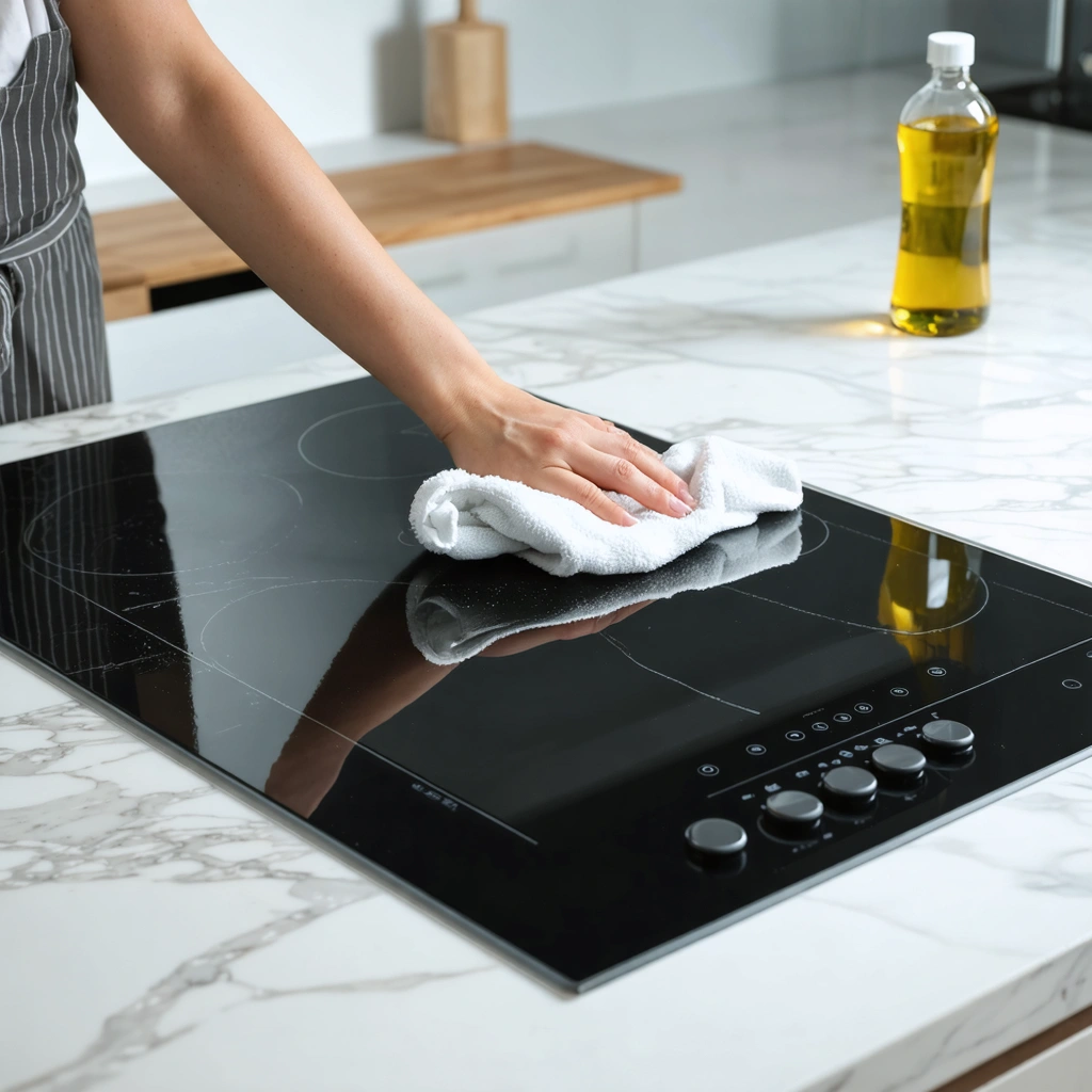 Main nettoyant doucement une plaque induction noire légèrement rayée avec un chiffon microfibre dans une cuisine moderne
