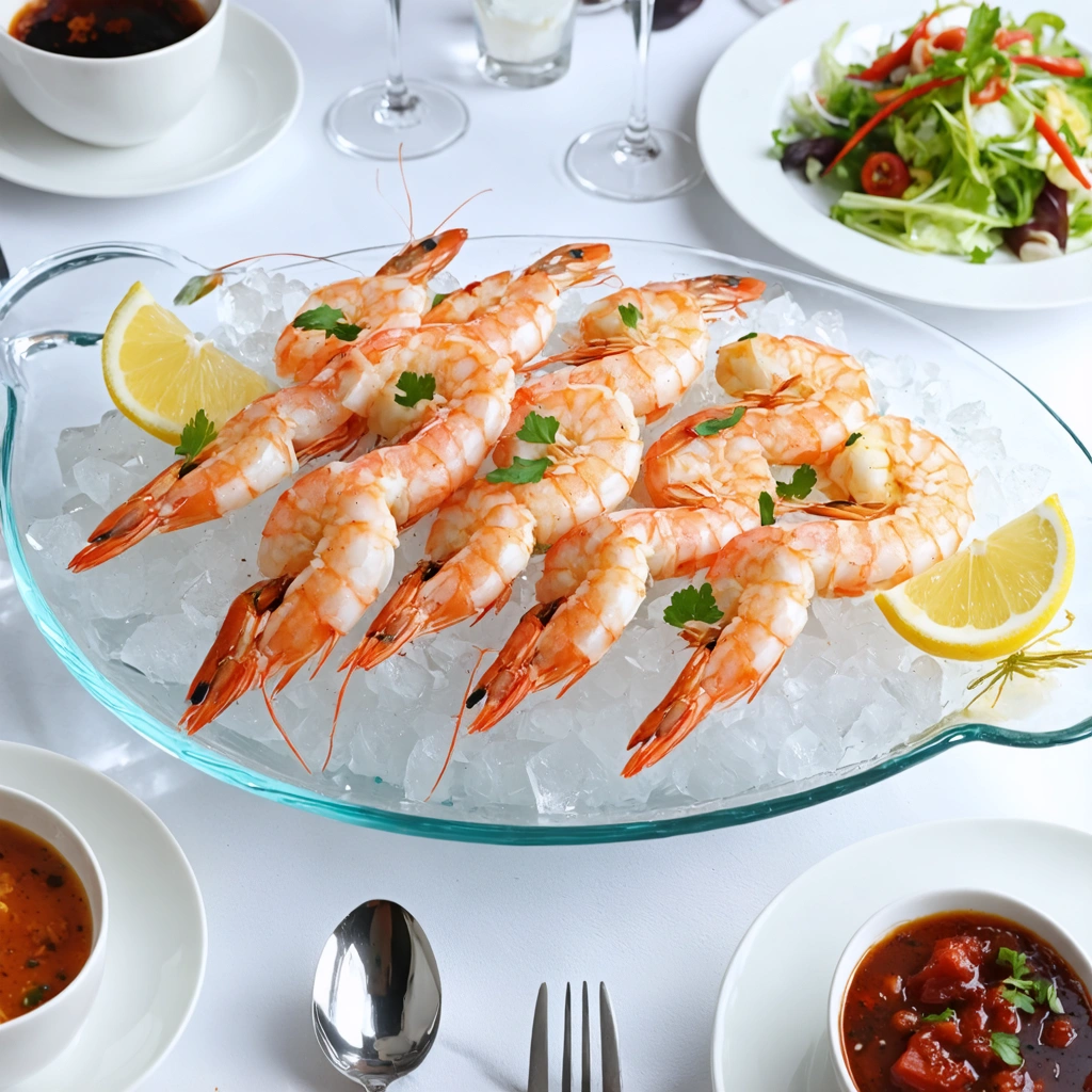 Un plateau de crevettes roses servi en entree avec quartiers de citron, sauce et petite salade sur une table de repas