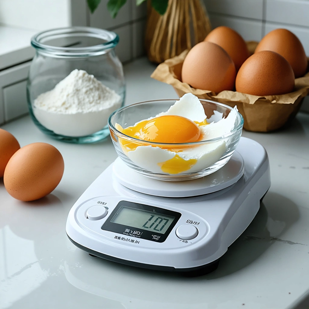 Un oeuf moyen casse dans un bol pose sur une balance de cuisine, avec d'autres oeufs et des ingredients de patisserie autour.