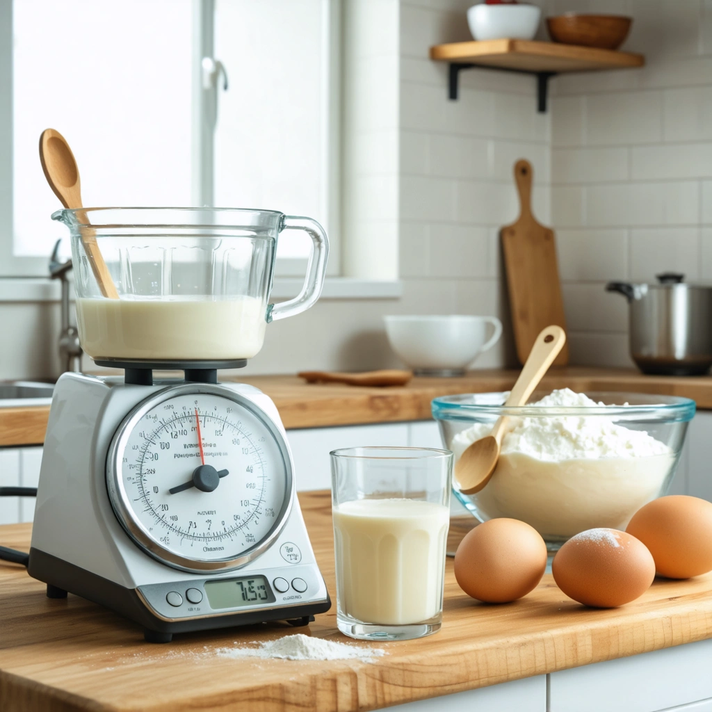 Un pot de yaourt nature ouvert posé sur un plan de travail, à côté d'une balance de cuisine affichant 125 grammes, avec des ingrédients de pâtisserie autour.