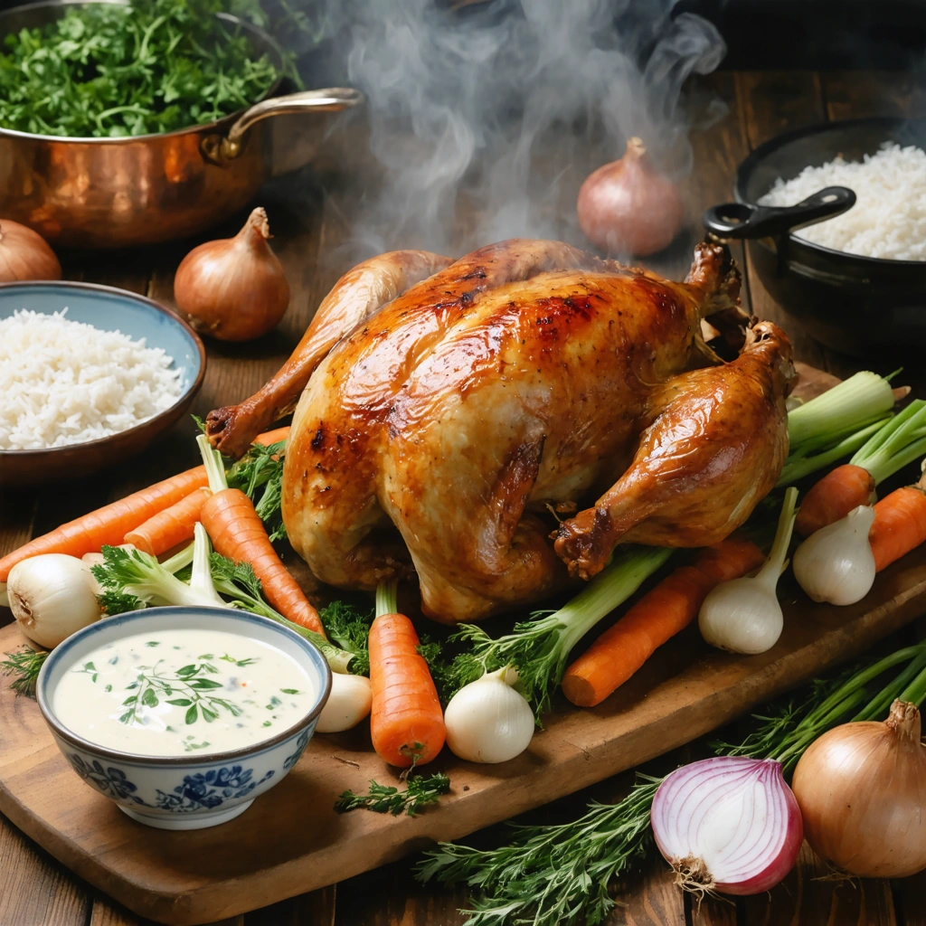 Plat de poule au pot sauce blanche servi avec legumes d hiver, riz blanc et sauciere de sauce cremeuse sur une table rustique
