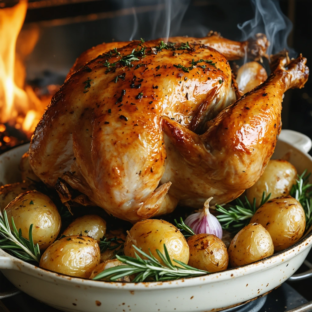Un poulet fermier rôti au four, doré et croustillant, servi dans un plat avec pommes de terre, ail et herbes aromatiques.