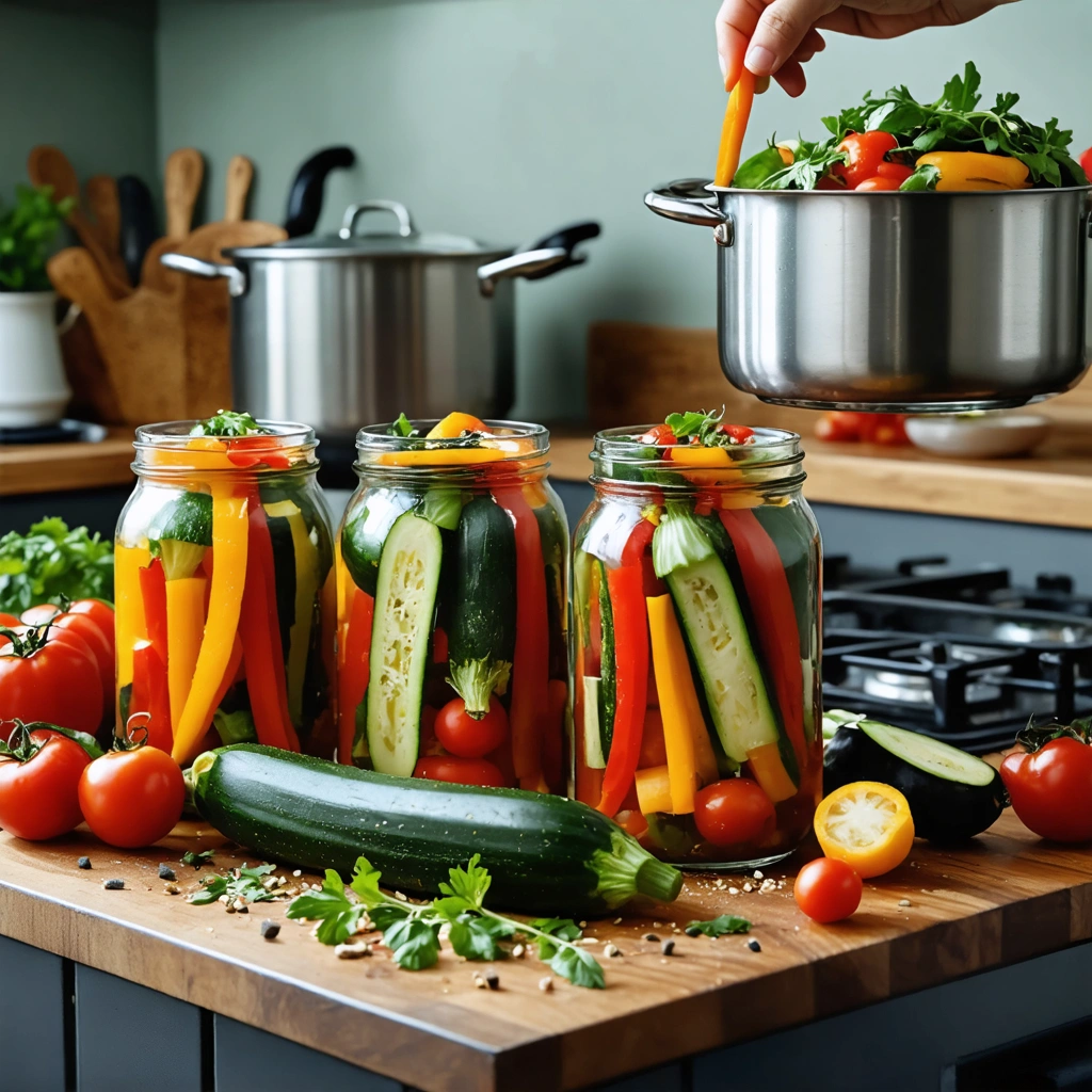 Des bocaux en verre remplis de ratatouille maison dans une cuisine, avec une grande casserole, des légumes du soleil et du matériel de stérilisation prêt à être utilisé.