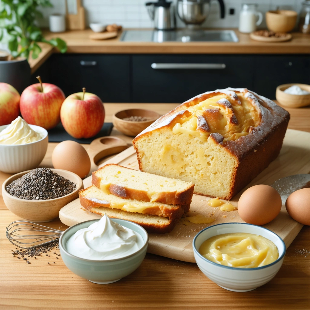 Un gâteau moelleux posé sur une table de cuisine, entouré de plusieurs alternatives aux œufs comme de la compote, de la banane écrasée, des graines de chia, du lin, du yaourt, de l'aquafaba, de la fécule et une purée d'oléagineux.