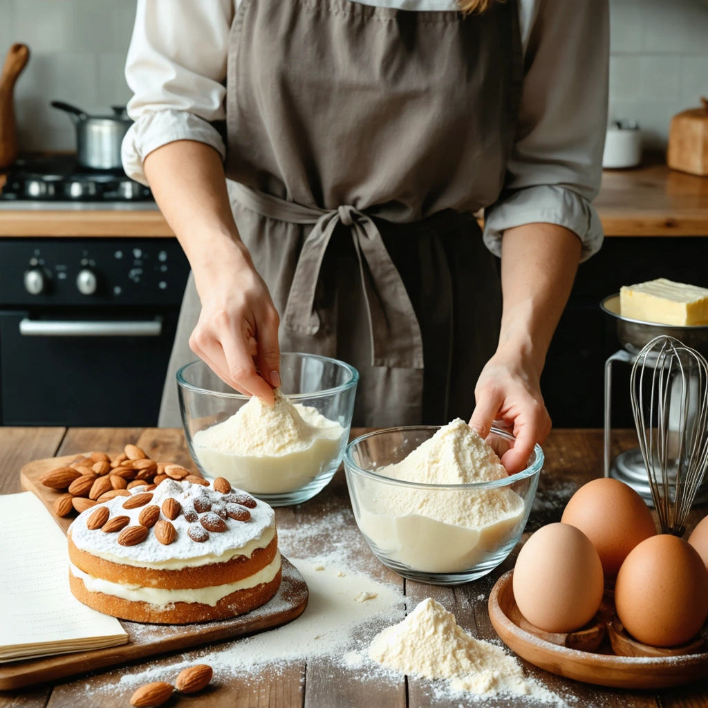 Sur un plan de travail de cuisine, de la farine et de la poudre d’amande sont présentées dans des bols près d’un gâteau maison et d’ustensiles de pâtisserie.