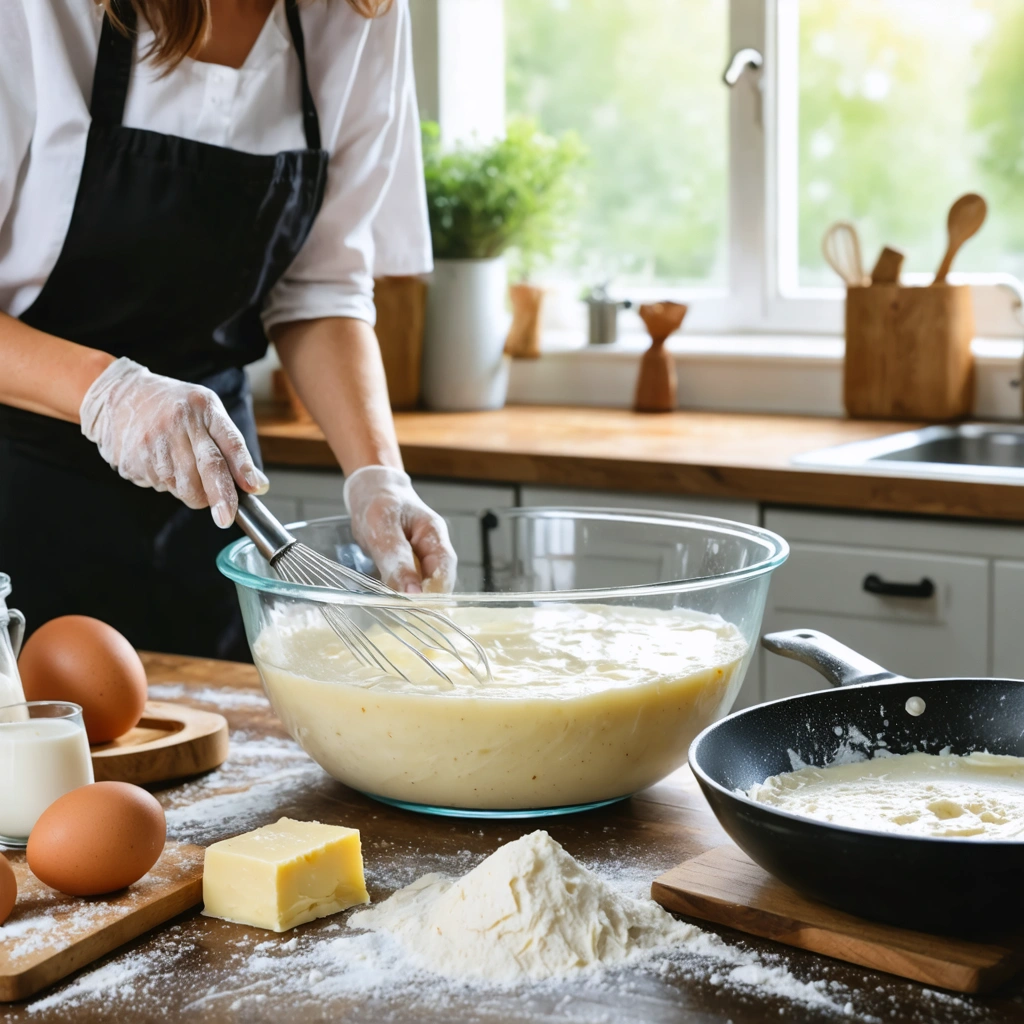 Un saladier de pâte à crêpes lisse en train de reposer sur un plan de travail, avec des œufs, de la farine, du lait, un fouet et une poêle à crêpes à côté.