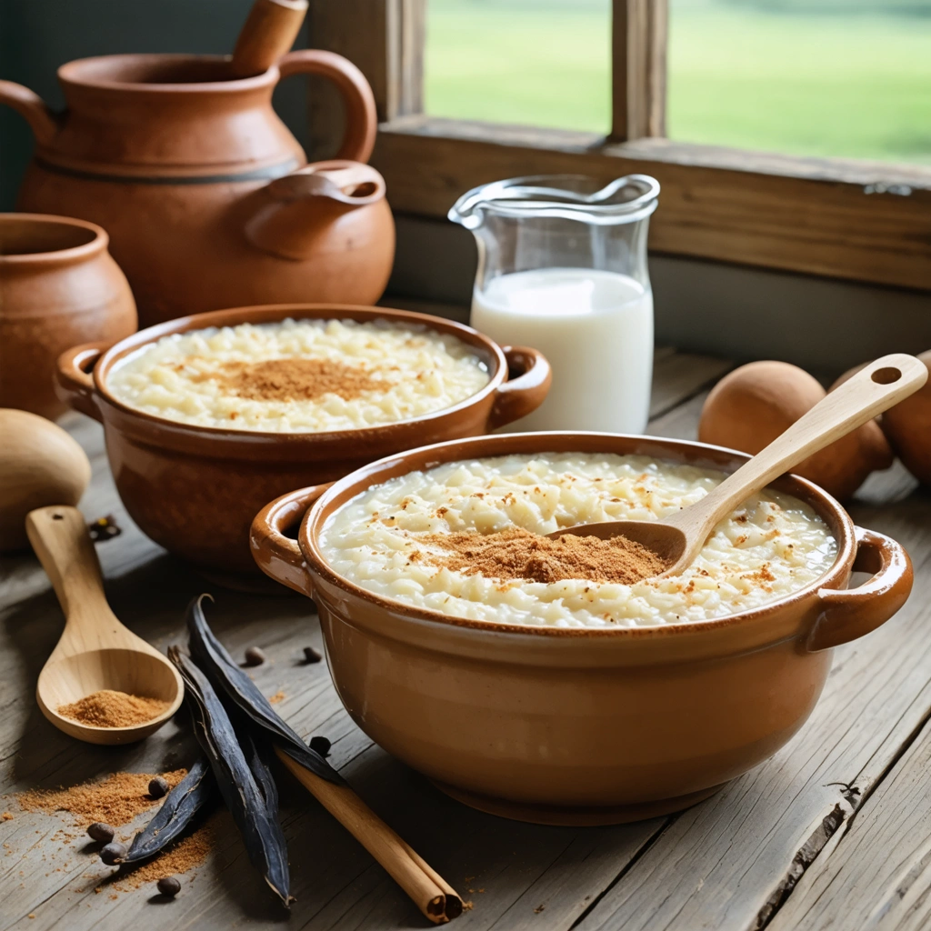 Bol de riz au lait cremeux a l ancienne avec vanille, servi dans une cuisine rustique avec une cuillere et une casserole en arriere-plan