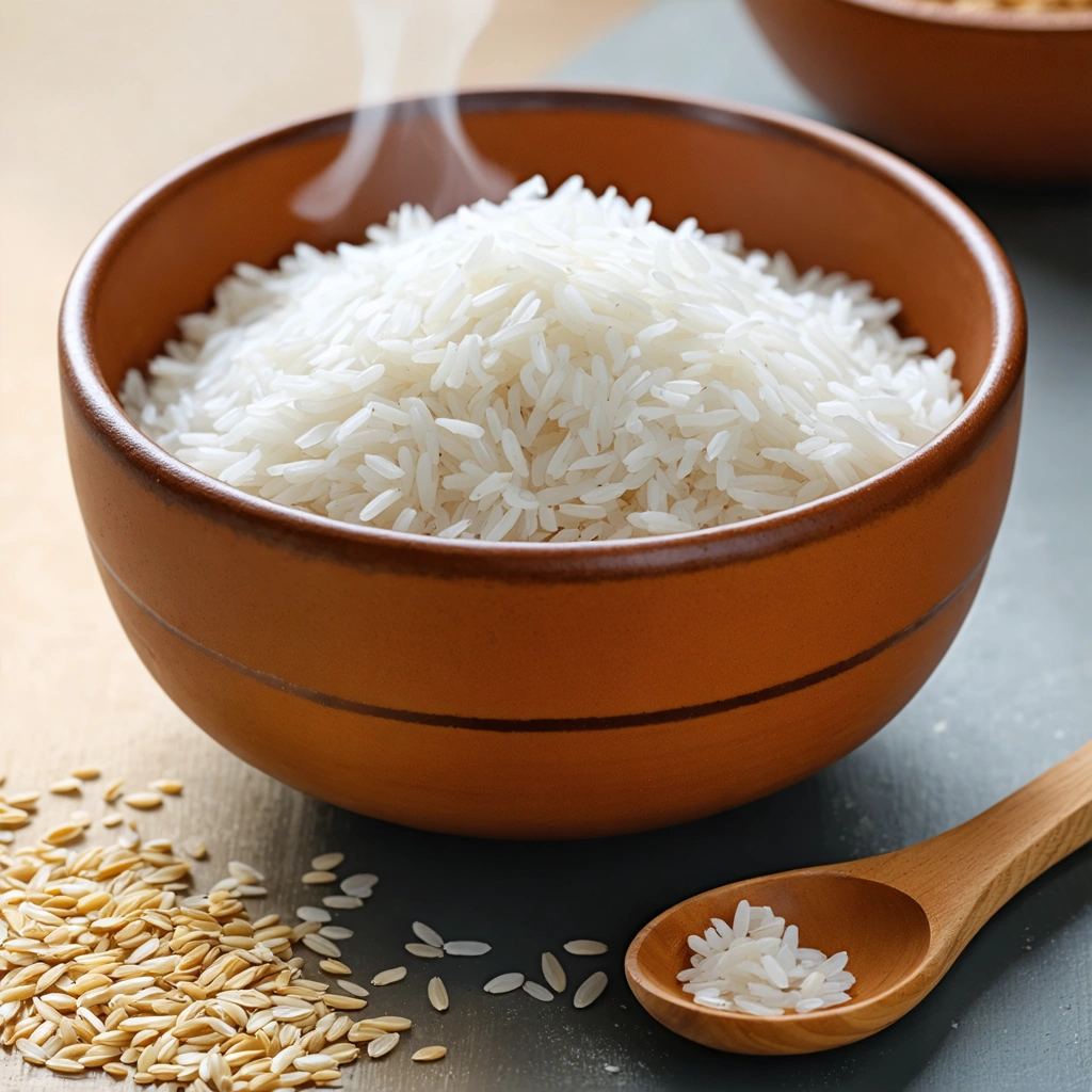 Un bol de riz blanc parfaitement cuit avec des grains bien séparés, posé près d'une casserole dans une cuisine lumineuse.