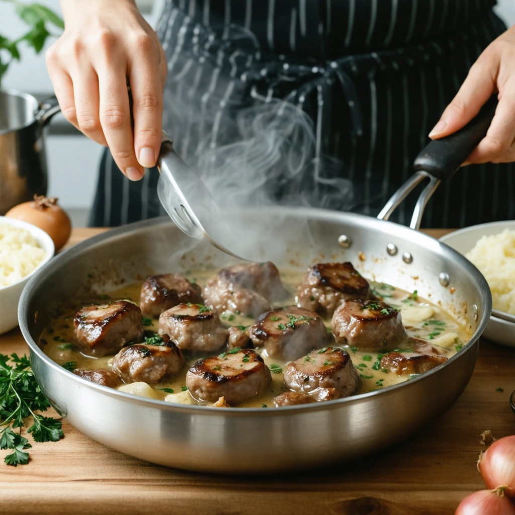 Des rognons de veau poeles dans une poele avec echalotes, persil et sauce cremeuse, dans une cuisine chaleureuse