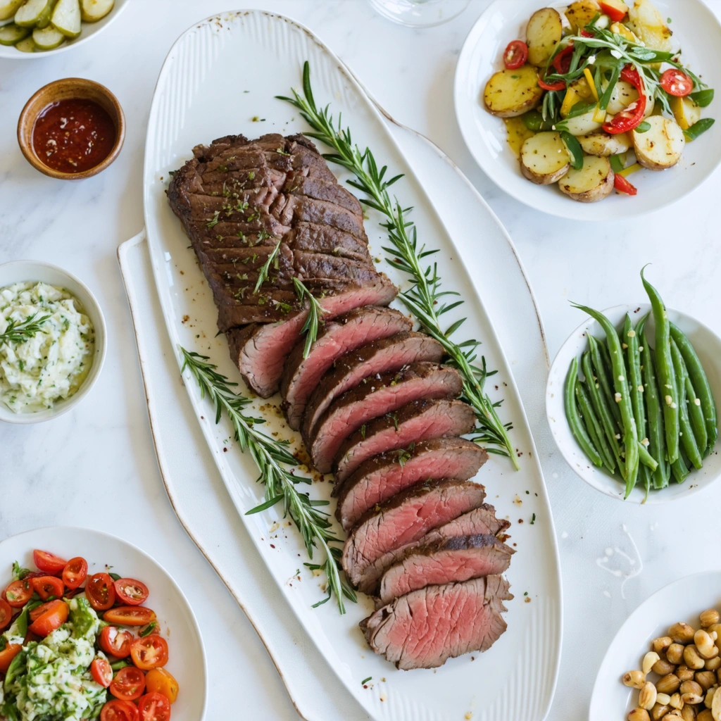 Assiette et plat de roti de boeuf froid avec salade de pommes de terre, legumes grilles, haricots verts, crudites et sauce servies sur une table lumineuse