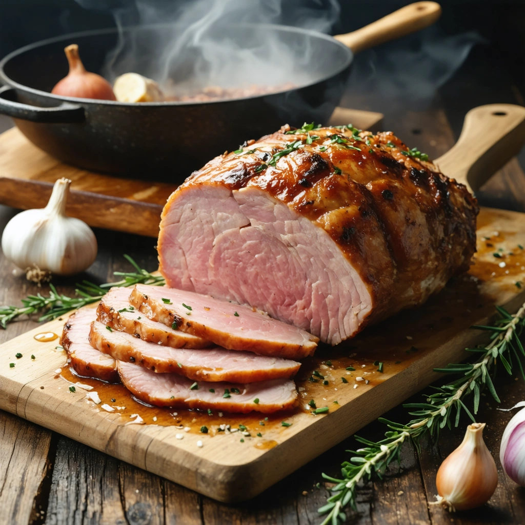 Un roti de porc tendre tranche sur une planche en bois, avec une croute doree, des herbes, de l'ail et un jus de cuisson dans une cuisine chaleureuse.