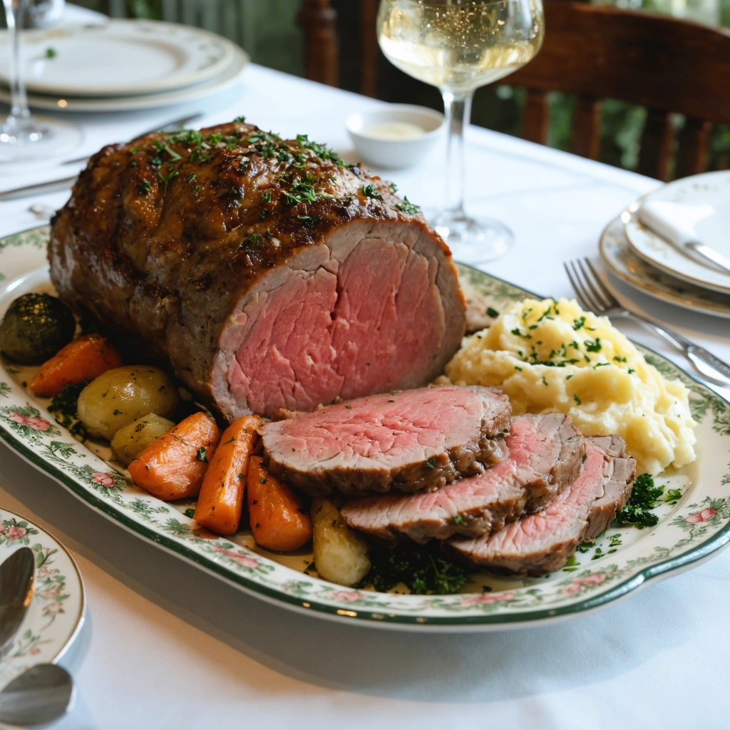 Un rôti de veau basse température tranché, tendre et juteux, servi avec son jus, des légumes rôtis et une purée dans une cuisine chaleureuse.