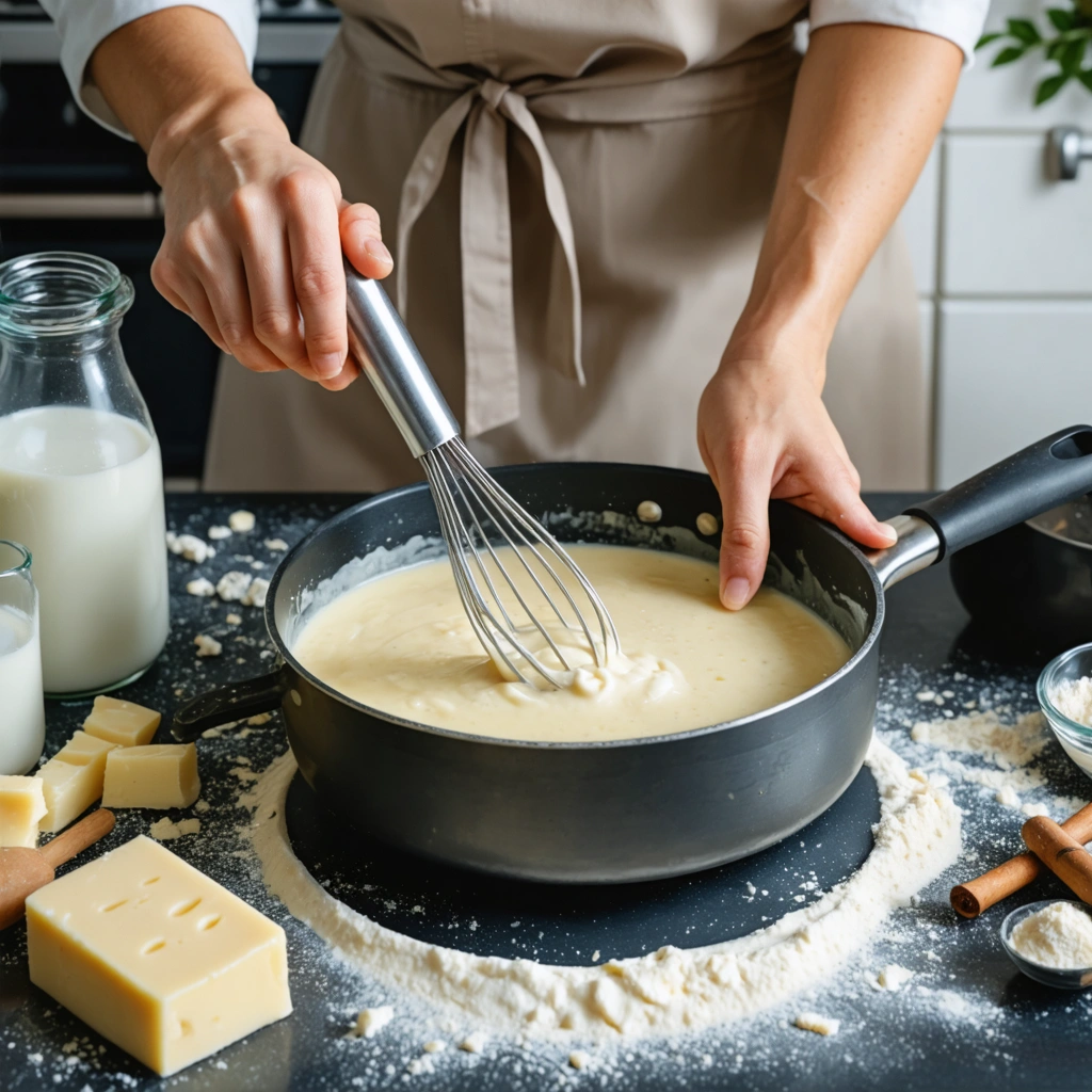 Une cuisiniere prepare un roux pour bechamel dans une casserole avec un fouet, a cote de beurre, farine et lait sur un plan de travail.
