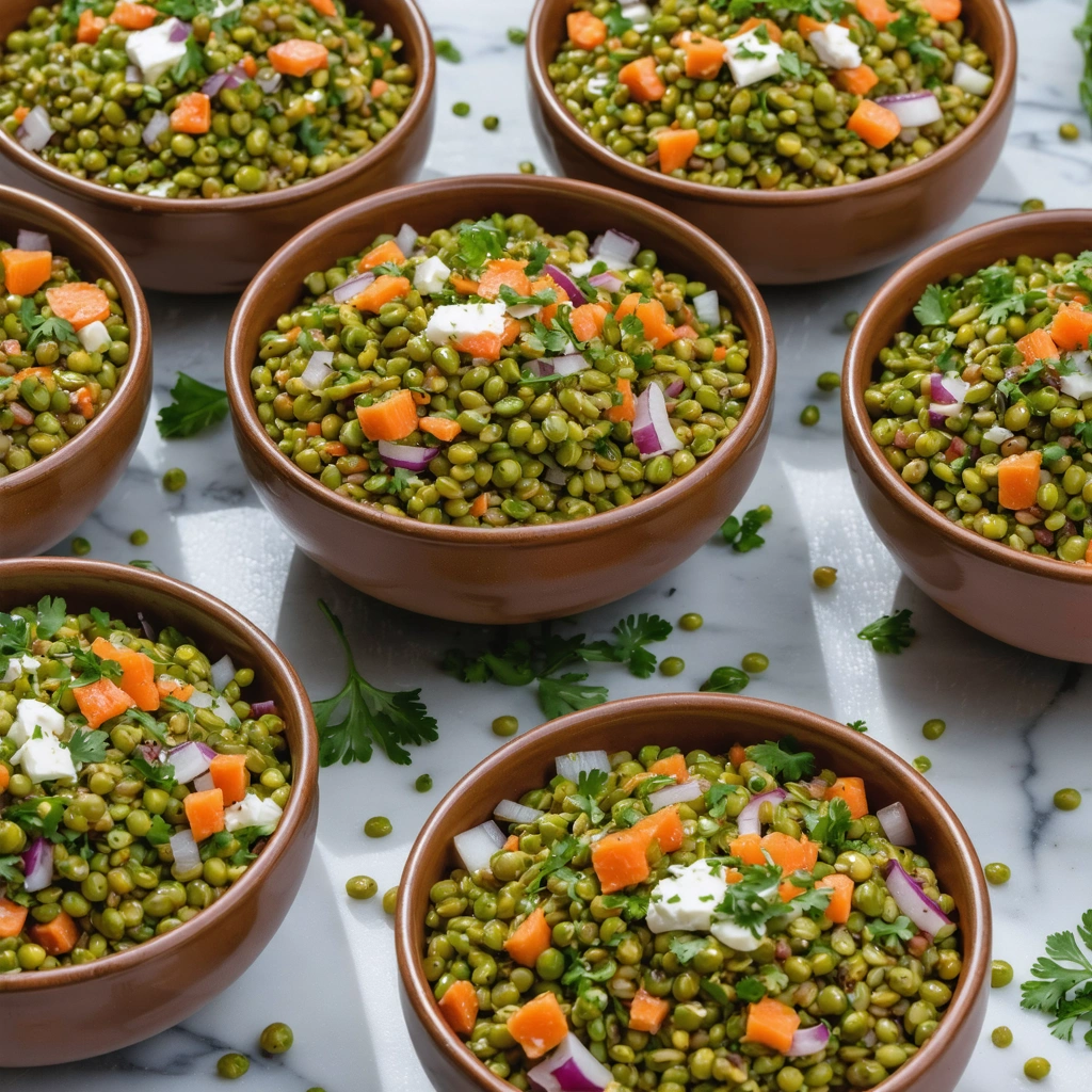 Grandes saladiers de salade de lentilles préparés pour un buffet d'environ 30 personnes, avec lentilles vertes, carottes, oignons rouges, herbes fraîches et assaisonnement.