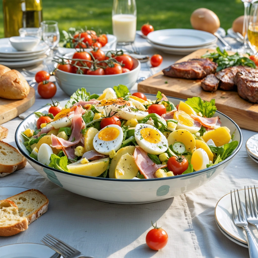 Grand saladier de piémontaise posé sur une table de repas d’été avec grillades, pain et accompagnements, dans une ambiance conviviale.