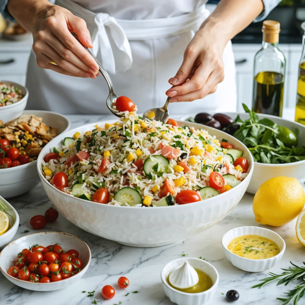Grand saladier de salade de riz pour buffet en cours d’assaisonnement, avec tomates, concombre, thon, maïs, olives, citron et herbes fraîches.