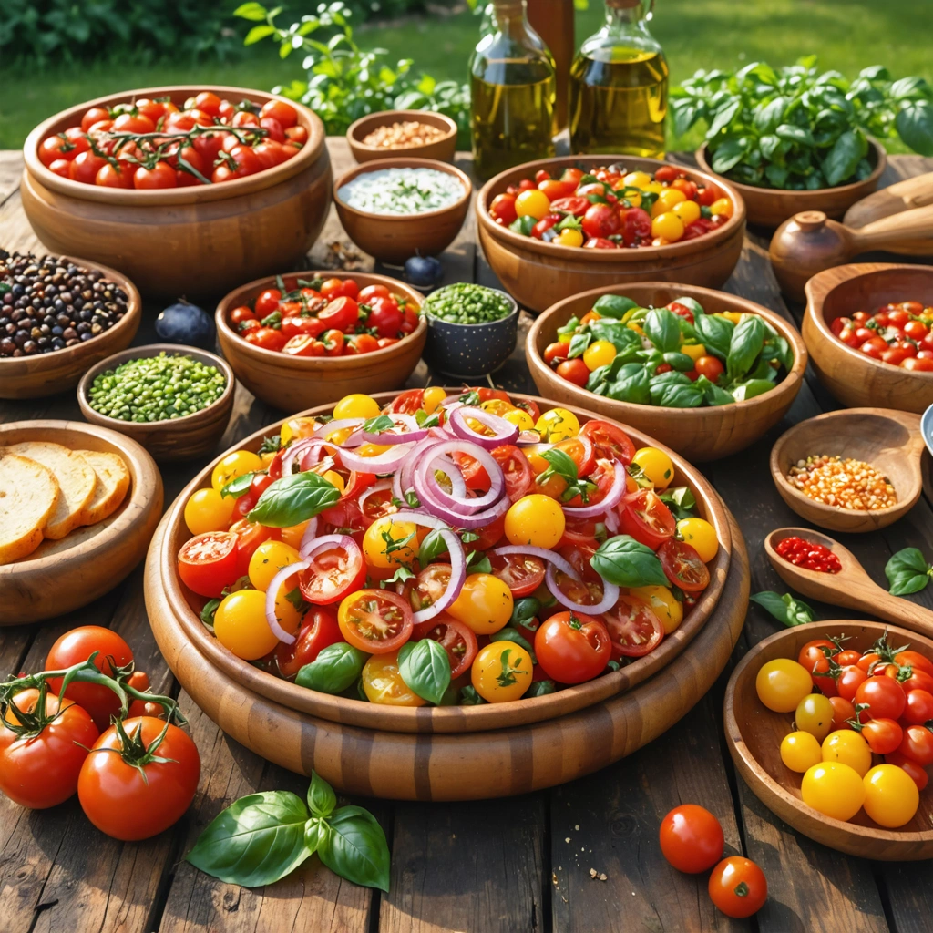 Grand buffet d'ete avec plusieurs plats de salade de tomates fraiches, basilic et oignons rouges, presentes sur une table conviviale pour de nombreux invites