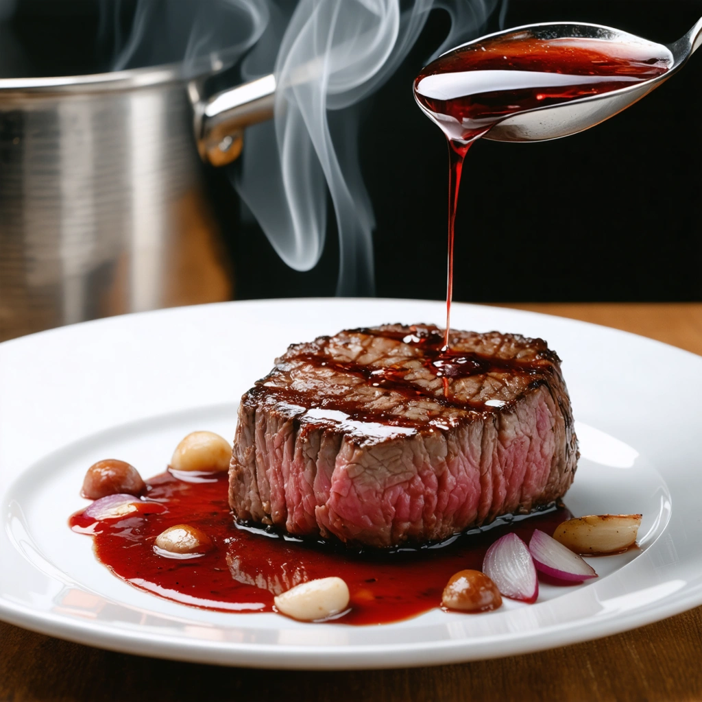 Une sauce marchand de vin brillante versée sur une pièce de bœuf saisie, dans une assiette élégante avec une casserole en arrière-plan.