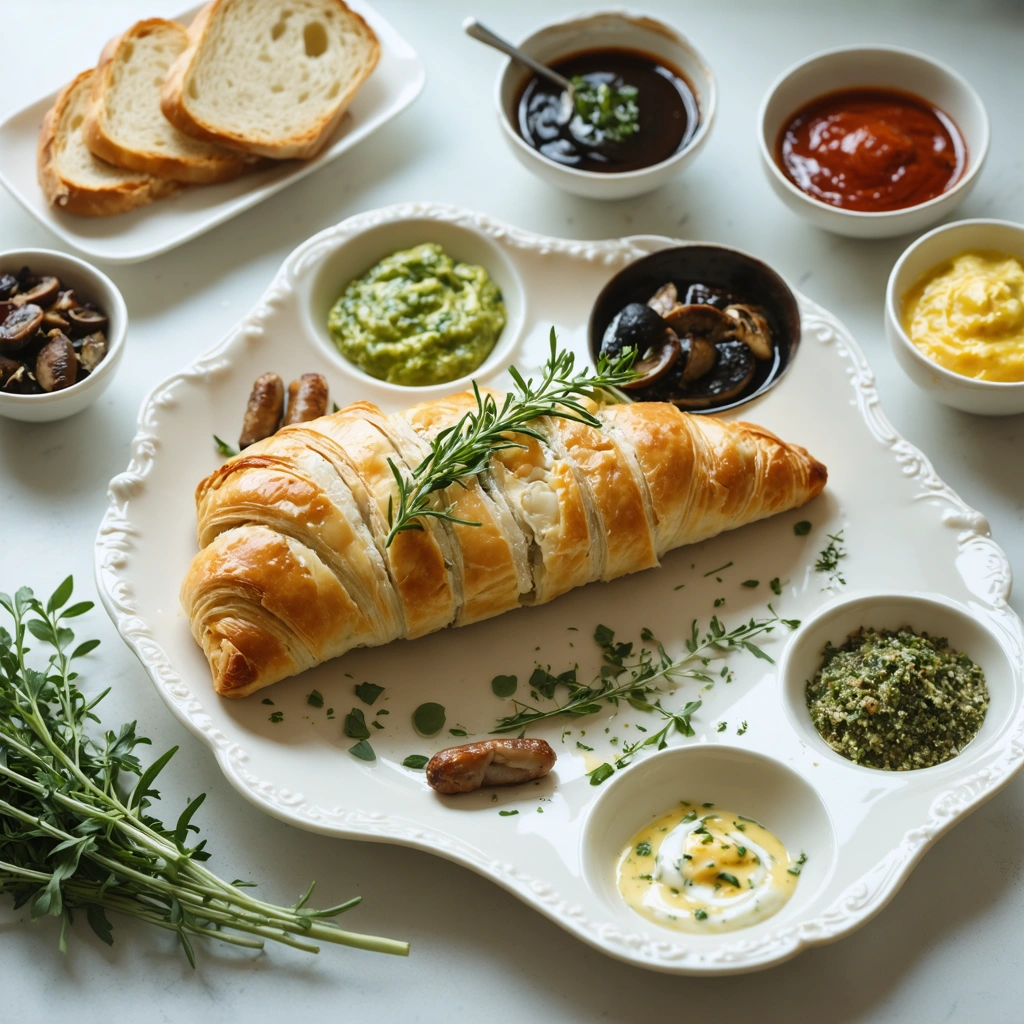 Une tranche de pate en croute servie dans une assiette avec plusieurs petites sauces, des herbes fraiches, des cornichons et une salade verte.
